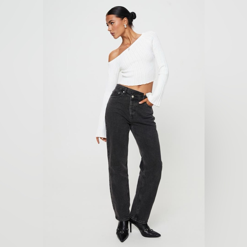 Princess Polly foldover straight leg black jeans, US 6